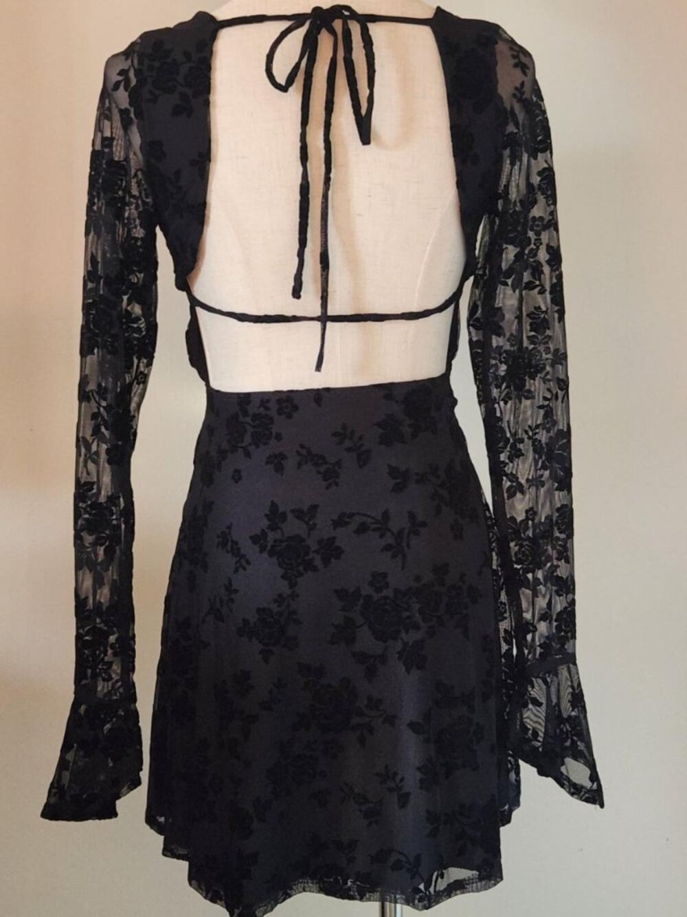 Anthropologie backless black velvet floral long sleeve dress. Size Small.